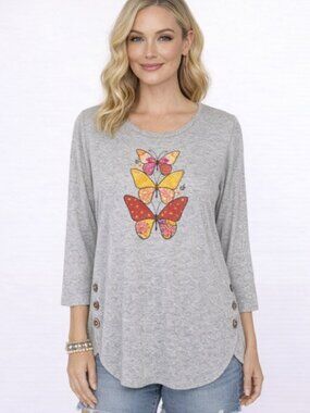 Truself Gray Butterfly Graphic Top High Low Button Detail Lightweight Knit Large